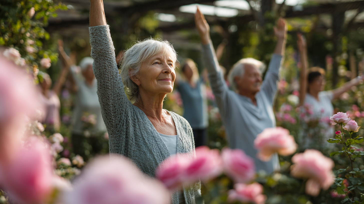 Grup de seniori practicând yoga împreună